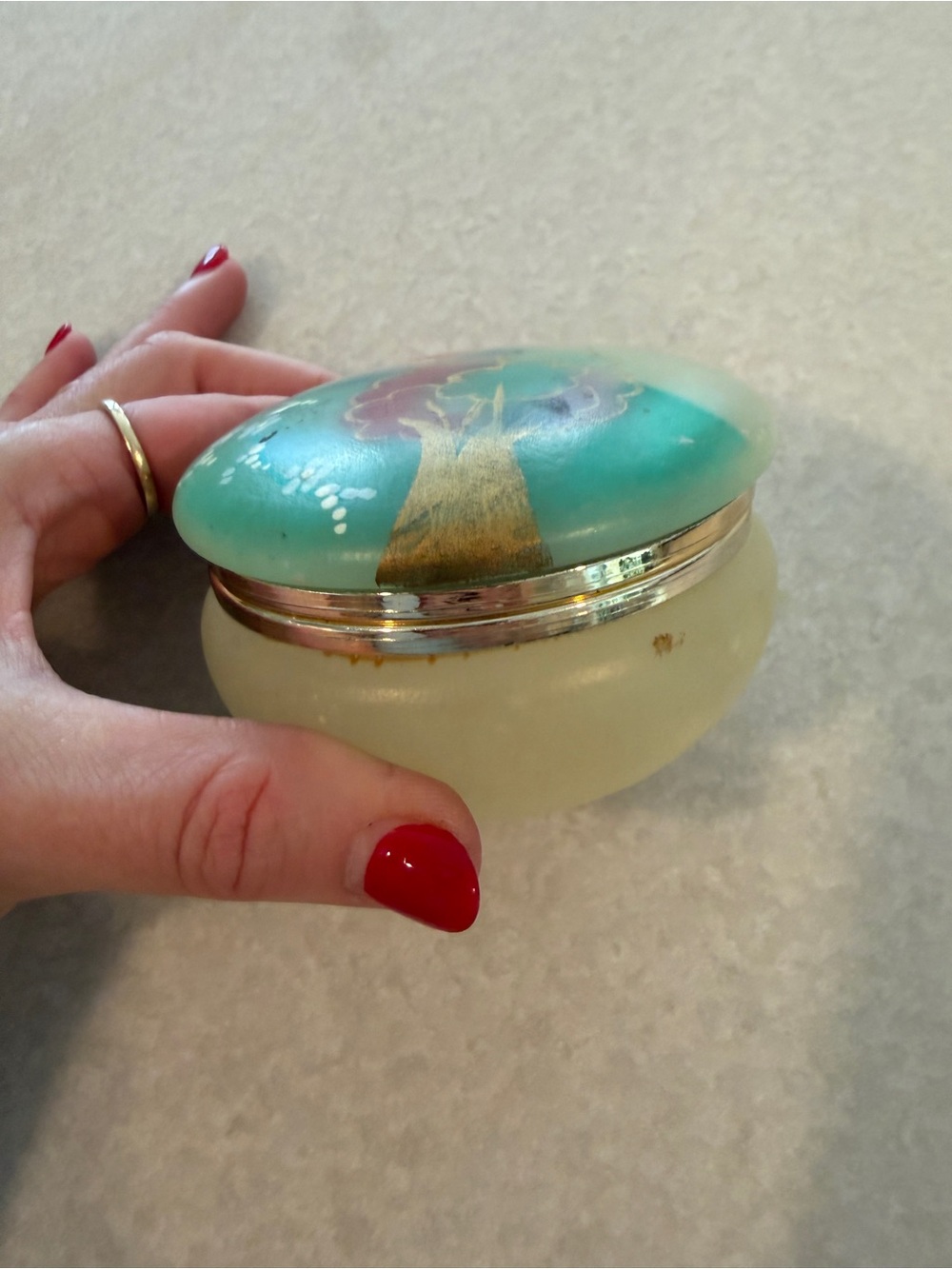 Hand Painted Carved Alabaster Glass Trinket Box